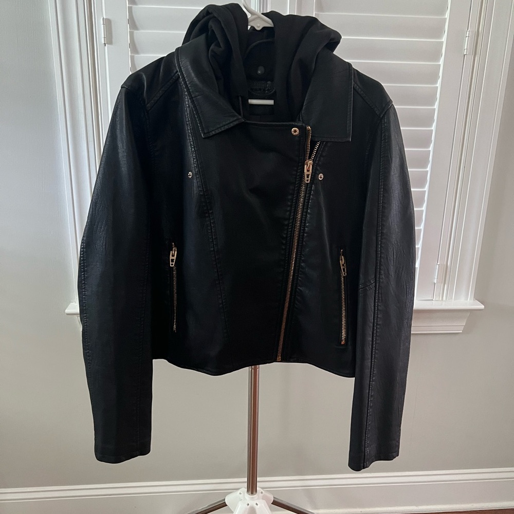 Women’s Faux Leather Moto Jacket with Hood